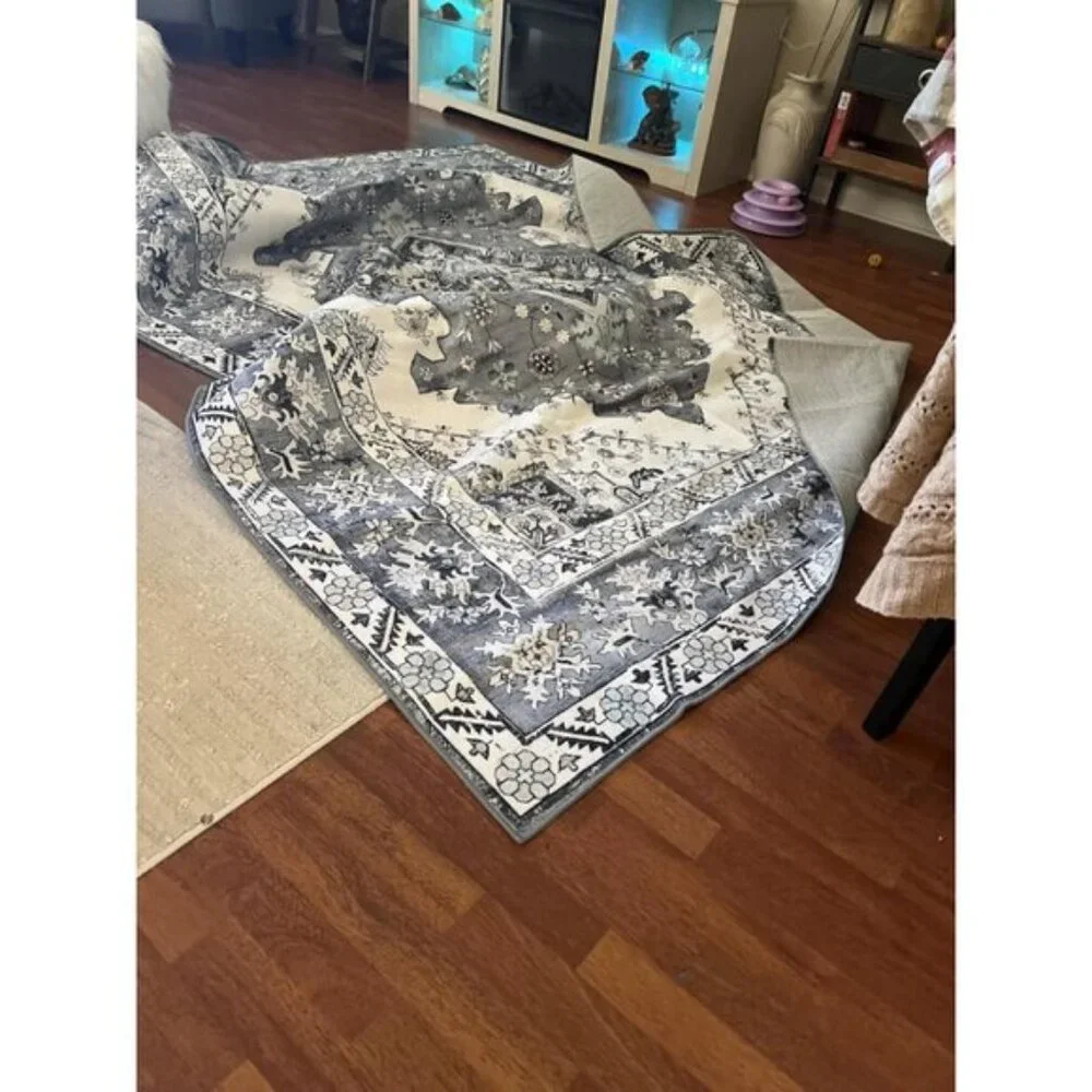 New 6x9 Washable Area Rug, Grey Blue Vintage Non-Slip Low Pile Carpet for Home